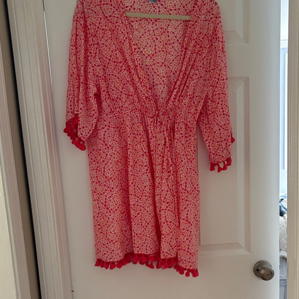 J. Crew Red Floral Swim Coverup with Tassel Trim